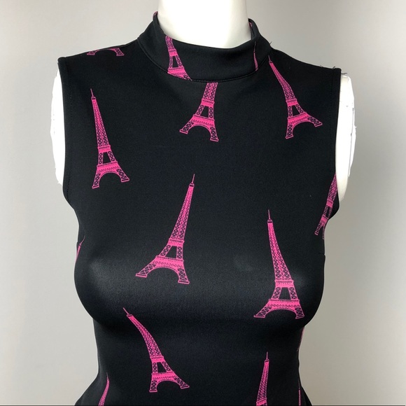 H&M Black Sleeveless Funnel Neck Eiffel Tower Print Fit & Flare Dress Size XS - Picture 3 of 10